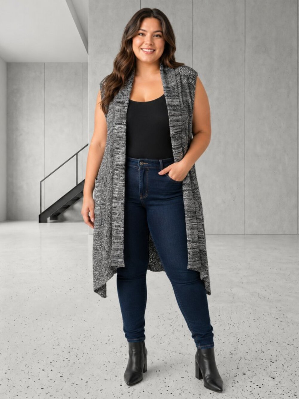 Torrid Gray Black Marl Sleeveless Open Knit Long Cardigan Sweater Plus Size L